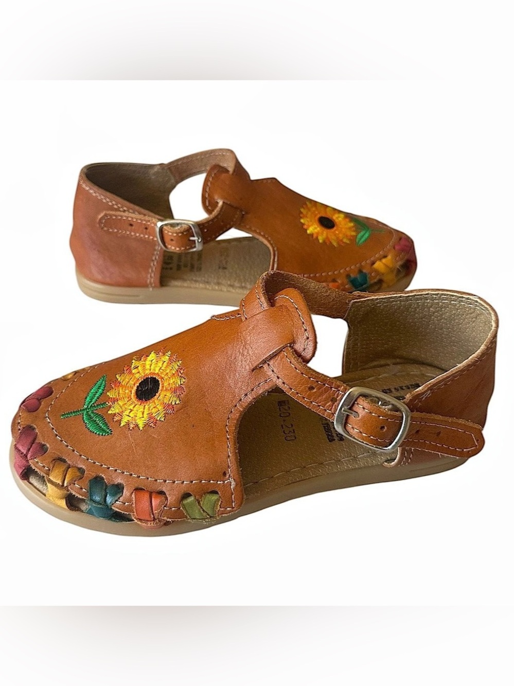 Raguer Girls Mexican Woven Leather Huarache Sandals Size 1 Embroidered Flowers
